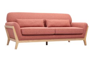 Canapé scandinave 3 places en tissu effet velours texturé terracotta et bois clair YOKO