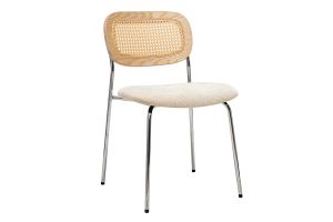 Sedie design in tessuto effetto velluto testurizzato beige, metallo cromato e intreccio in rattan (set di 2) MIRANDA