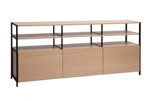 Buffet 3 portes finition bois clair chêne et métal noir L180 cm MAXENCE