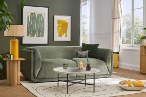 Canapé design 3 places en tissu effet velours vert kaki HOSBO