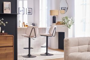 Tabourets de bar relevables design en tissu effet velours texturé terre brûlée et métal noir BARNET (lot de 2)