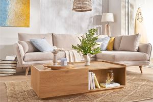 Table basse rectangulaire avec rangements 2 tiroirs finition bois clair chêne L120 cm MADERO