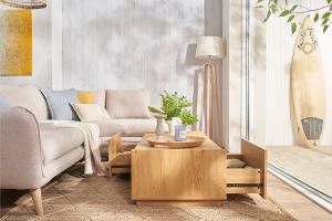 Table basse rectangulaire avec rangements 2 tiroirs finition bois clair chêne L120 cm MADERO