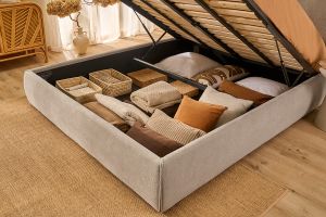Lit coffre 2 places 160x200 cm en tissu chenille beige VIGO