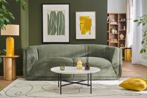 Canapé design 3 places en tissu effet velours vert kaki HOSBO