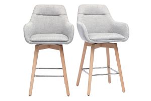 Tabourets de bar scandinaves pivotants 360° en tissu effet velours texturé gris clair et bois clair H65 cm (lot de 2) ALESS