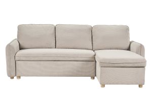 Canapé d'angle convertible réversible avec coffre 3 places en tissu chenille beige et bois clair ORSO