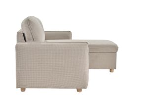 Canapé d'angle convertible réversible avec coffre 3 places en tissu chenille beige et bois clair ORSO