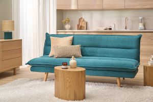 Canapé convertible 3 places en tissu chenille bleu canard et bois clair BINGO