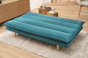 Canapé convertible 3 places en tissu chenille bleu canard et bois clair BINGO