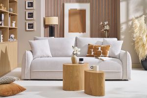 Canapé 3 places en tissu effet velours texturé beige PIO
