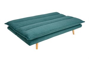 Canapé convertible 3 places en tissu chenille bleu canard et bois clair BINGO