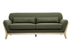 Canapé scandinave 3 places en tissu vert kaki et bois clair YOKO