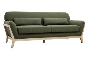 Canapé scandinave 3 places en tissu vert kaki et bois clair YOKO