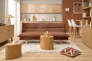 Canapé convertible 3 places en tissu chenille terre brûlée et bois clair BINGO