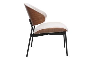 Fauteuil en tissu effet velours texturé beige, bois foncé et métal noir FABULO