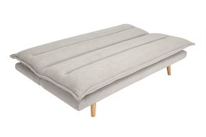 Canapé convertible 3 places en tissu chenille beige et bois clair BINGO