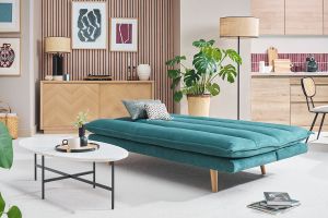 Canapé convertible 3 places en tissu chenille bleu canard et bois clair BINGO