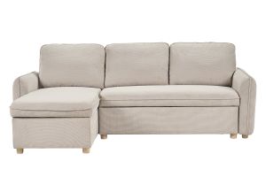Canapé d'angle convertible réversible avec coffre 3 places en tissu chenille beige et bois clair ORSO