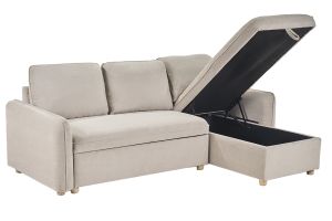 Canapé d'angle convertible réversible avec coffre 3 places en tissu chenille beige et bois clair ORSO