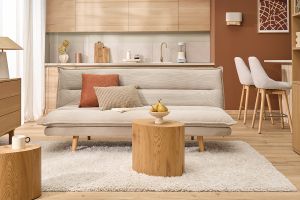 Canapé convertible 3 places en tissu chenille beige et bois clair BINGO