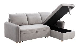 Canapé d'angle convertible réversible avec coffre 3 places en tissu chenille gris et bois clair ORSO