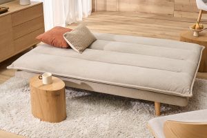 Canapé convertible 3 places en tissu chenille beige et bois clair BINGO