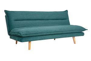 Canapé convertible 3 places en tissu chenille bleu canard et bois clair BINGO