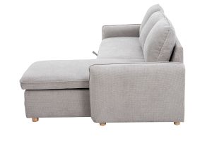 Canapé d'angle convertible réversible avec coffre 3 places en tissu chenille gris et bois clair ORSO