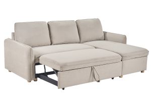 Canapé d'angle convertible réversible avec coffre 3 places en tissu chenille beige et bois clair ORSO