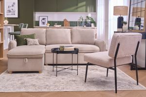 Fauteuil en tissu chenille beige et métal noir VEDANA