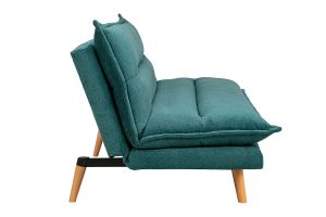 Canapé convertible 3 places en tissu chenille bleu canard et bois clair BINGO