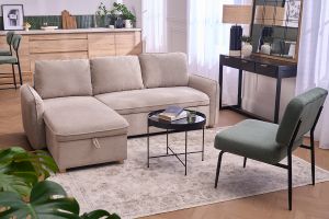 Canapé d'angle convertible réversible avec coffre 3 places en tissu chenille beige et bois clair ORSO