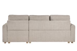 Canapé d'angle convertible réversible avec coffre 3 places en tissu chenille beige et bois clair ORSO