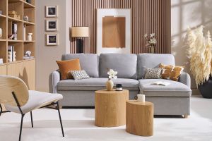 Canapé d'angle convertible réversible avec coffre 3 places en tissu chenille gris et bois clair ORSO