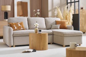 Canapé d'angle convertible réversible avec coffre 3 places en tissu chenille beige et bois clair ORSO