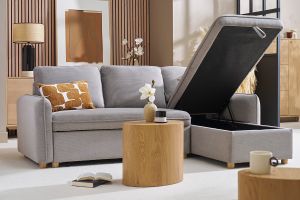 Canapé d'angle convertible réversible avec coffre 3 places en tissu chenille gris et bois clair ORSO