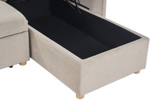 Canapé d'angle convertible réversible avec coffre 3 places en tissu chenille beige et bois clair ORSO