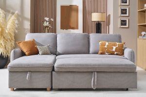 Canapé d'angle convertible réversible avec coffre 3 places en tissu chenille gris et bois clair ORSO