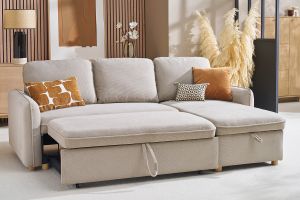 Canapé d'angle convertible réversible avec coffre 3 places en tissu chenille beige et bois clair ORSO