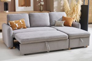 Canapé d'angle convertible réversible avec coffre 3 places en tissu chenille gris et bois clair ORSO