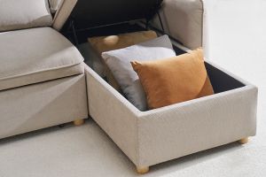 Canapé d'angle convertible réversible avec coffre 3 places en tissu chenille beige et bois clair ORSO