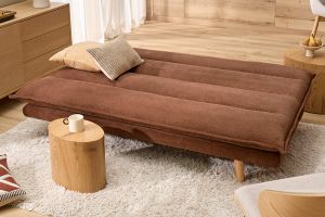 Canapé convertible 3 places en tissu chenille terre brûlée et bois clair BINGO