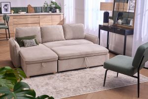 Canapé d'angle convertible réversible avec coffre 3 places en tissu chenille beige et bois clair ORSO