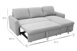 Canapé d'angle convertible réversible avec coffre 3 places en tissu chenille beige et bois clair ORSO