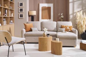 Canapé d'angle convertible réversible avec coffre 3 places en tissu chenille beige et bois clair ORSO