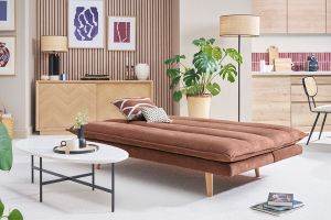 Canapé convertible 3 places en tissu chenille terre brûlée et bois clair BINGO