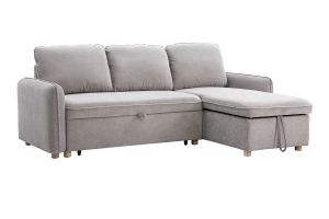 Canapé d'angle convertible réversible avec coffre 3 places en tissu chenille gris et bois clair ORSO