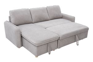 Canapé d'angle convertible réversible avec coffre 3 places en tissu chenille gris et bois clair ORSO