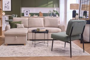 Fauteuil en tissu chenille vert kaki et métal noir VEDANA
